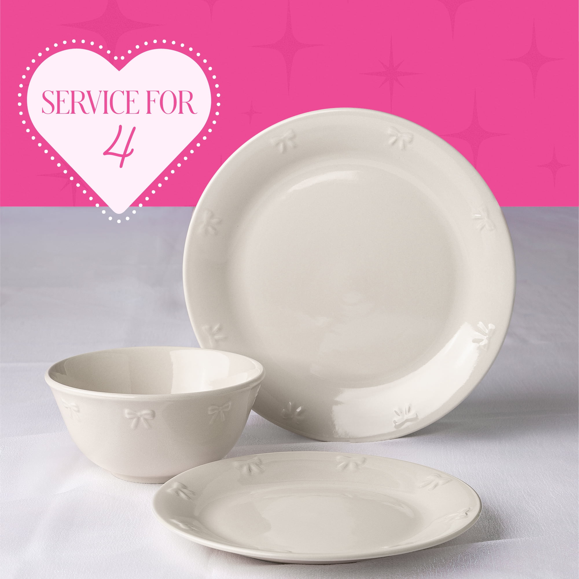 Paris Hilton London Collection 12-Piece Stoneware Dinnerware Set, Plates & Bowls Dish Set, Service for 4, Microwave & Dishwasher Safe, White with Bow Design