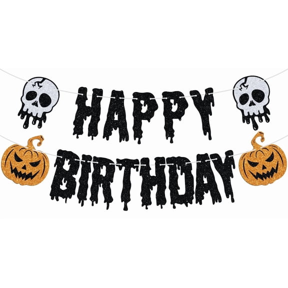 Halloween Happy Birthday Banner, Hanging Paper Sign, Bunting Banner with Pumpkin, Ghost, Photo Backdrop for Wall Home Mantle Office Wall Scary Party Decorations Supplies