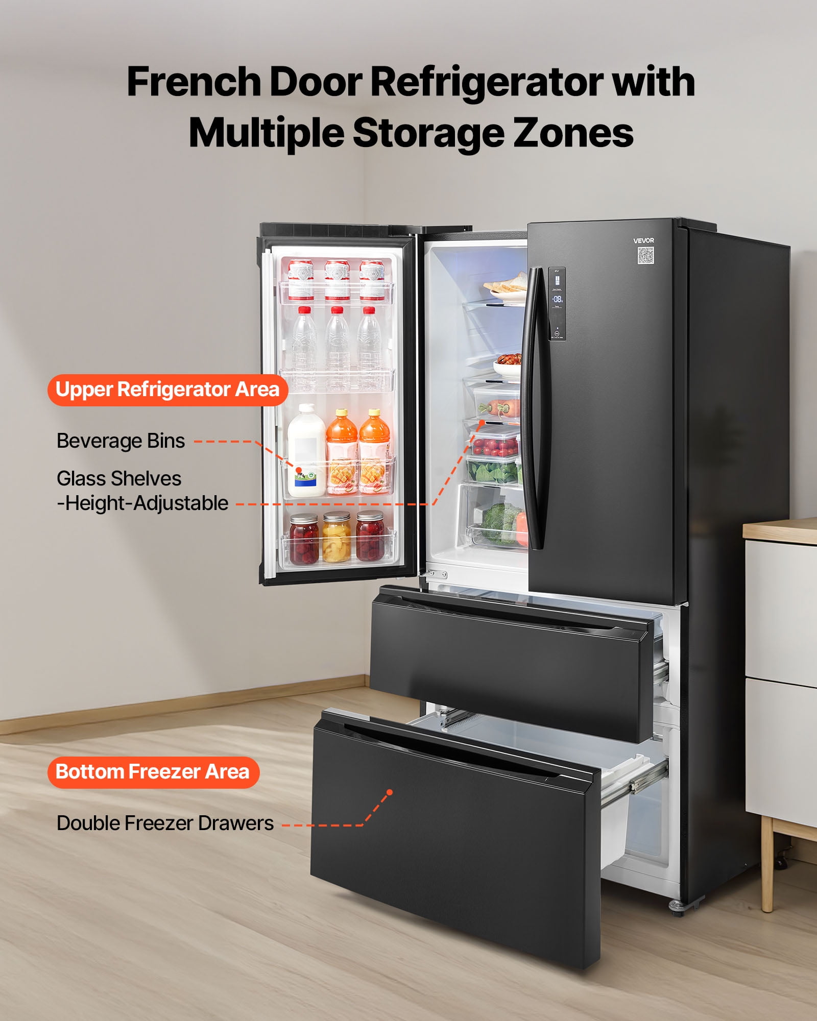 VEVOR French Door Refrigerator, 18.9 Cu. Ft. Kitchen Fridge,Counter Depth French Refrigerator with LED Display and 4 Casters,Frost-Free Bottom Freezer Refrigerators for Home & Commercial Use,Black