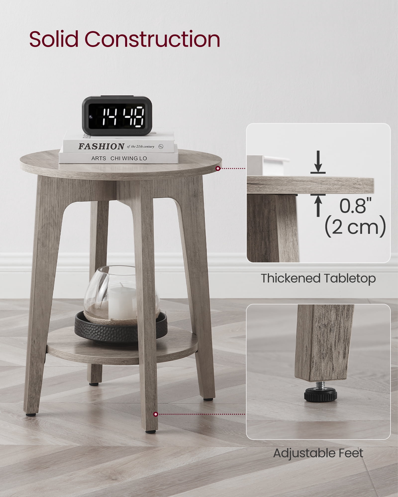 Round Side Table with Lower Shelf End Table for Small Spaces Nightstand Living Room Greige