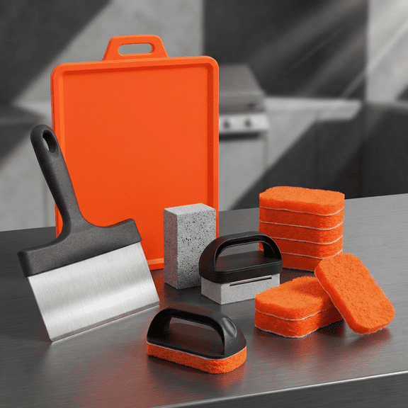 Upgraded Griddle Cleaning Kit for Blackstone 18 Pieces Flat Top Grill Accessories Cleaner Tool Set with Scraper, Heat-Resistant Silicone Spatula Mat with Hanger, Grill Brick, Scouring Pads