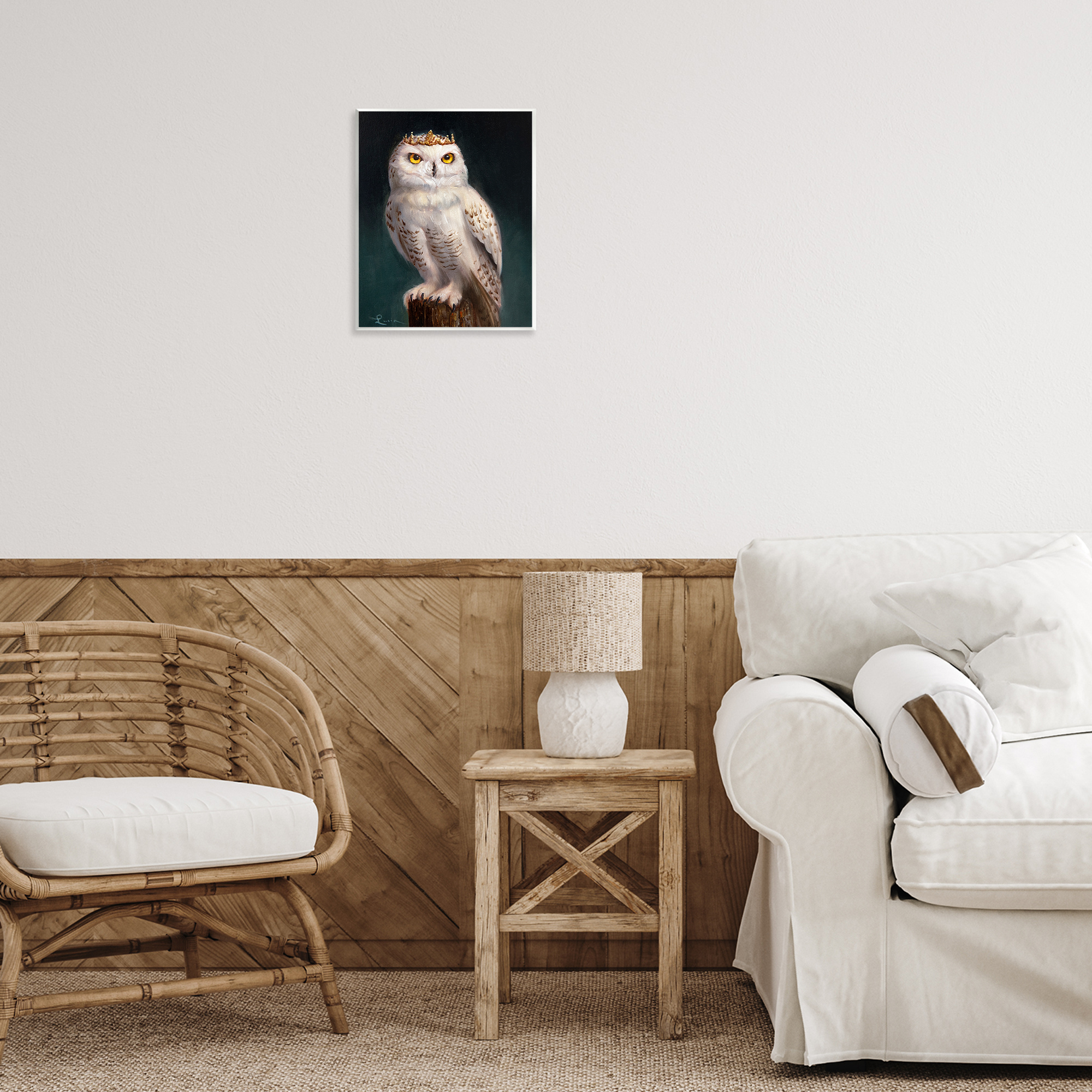 Snowy Owl King Wall Plaque Art, design by Lucia Heffernan