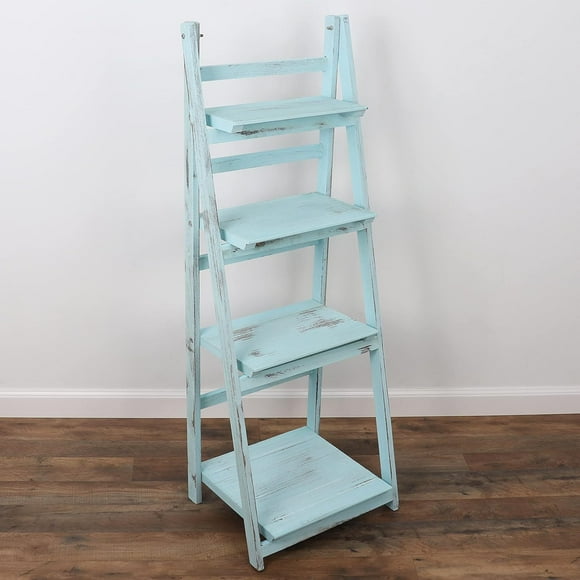 Milltown Merchants Distressed Ladder Shelf - Rustic Leaning Bookshelf for Rustic Home Decor (Turquoise)
