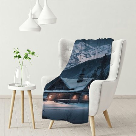 Dvbnli Soft Flannel Blankets, Hut in The Snowy Mountains, Personalized, All Season Use for Bed, Sofa, Couch, Camping, Travel, for Adults, Kids, Pets White