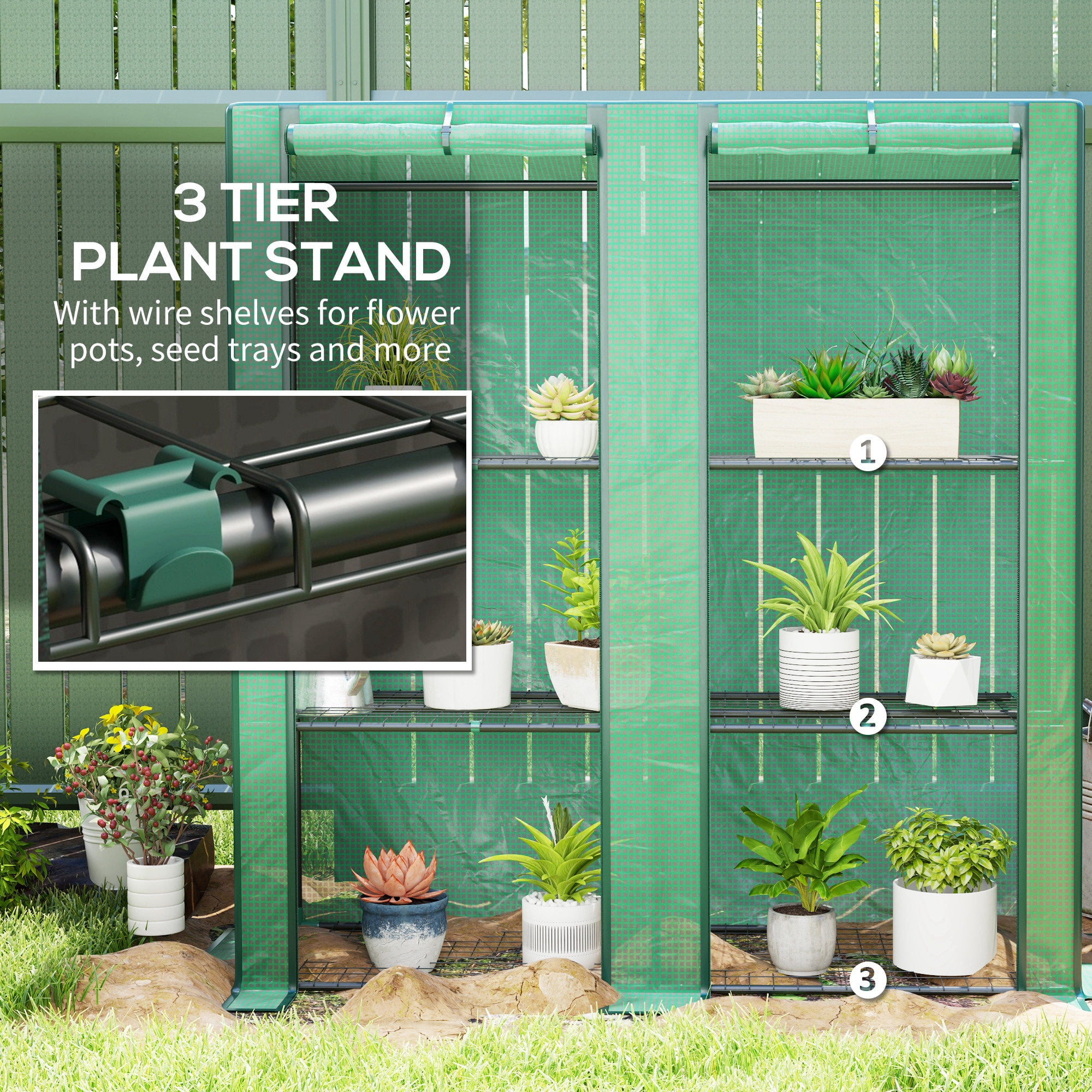 Outsunny 3 Tire Lean-to Greenhouse, Portable Small Greenhouse with PE Cover, 2 Roll-Up Zippered Doors, Green