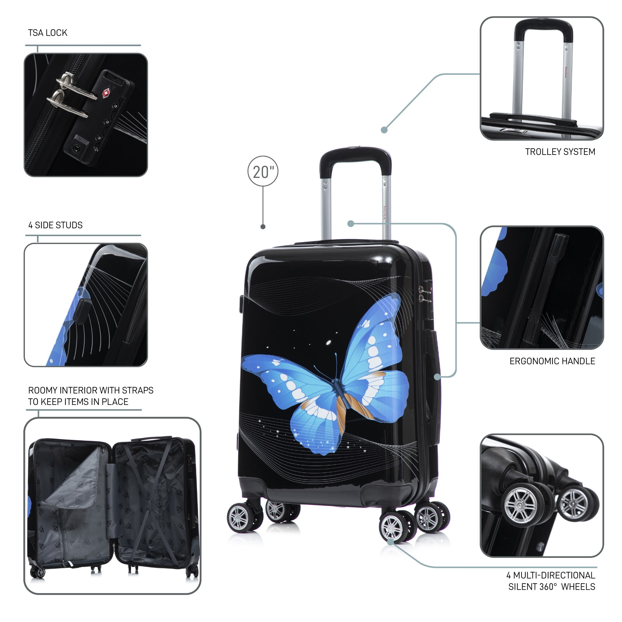 InUSA Print 20" Hardside Checked Luggage with Spinner Wheels, Handle and Trolley, Black Butterfly