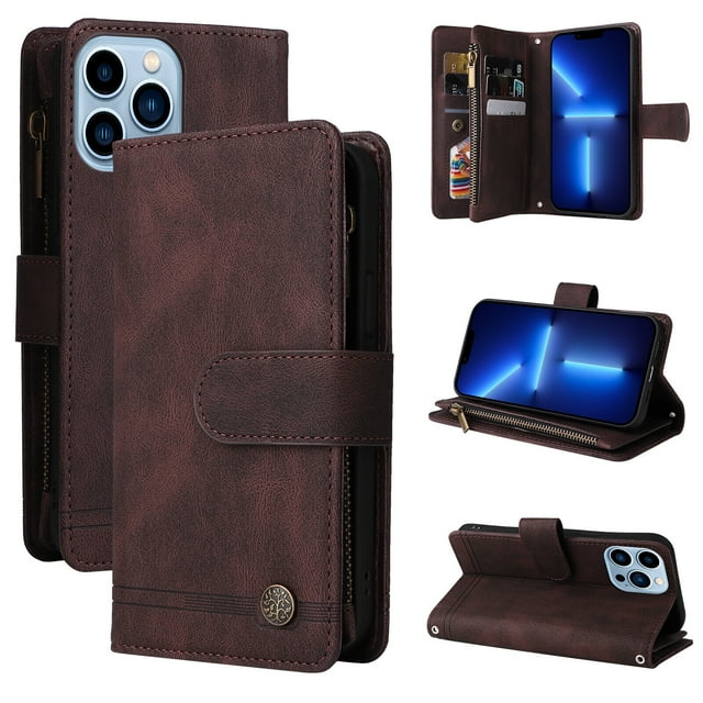 Case for iPhone 13 Pro Cover Zipper Pocket Wallet Case Magnetic Protective - Braun