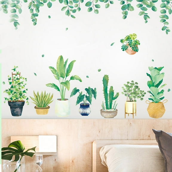 BalsaCircle 35" Green Potted Plants Hanging Leaves Removable PVC Wall Stickers Living Room Decorations