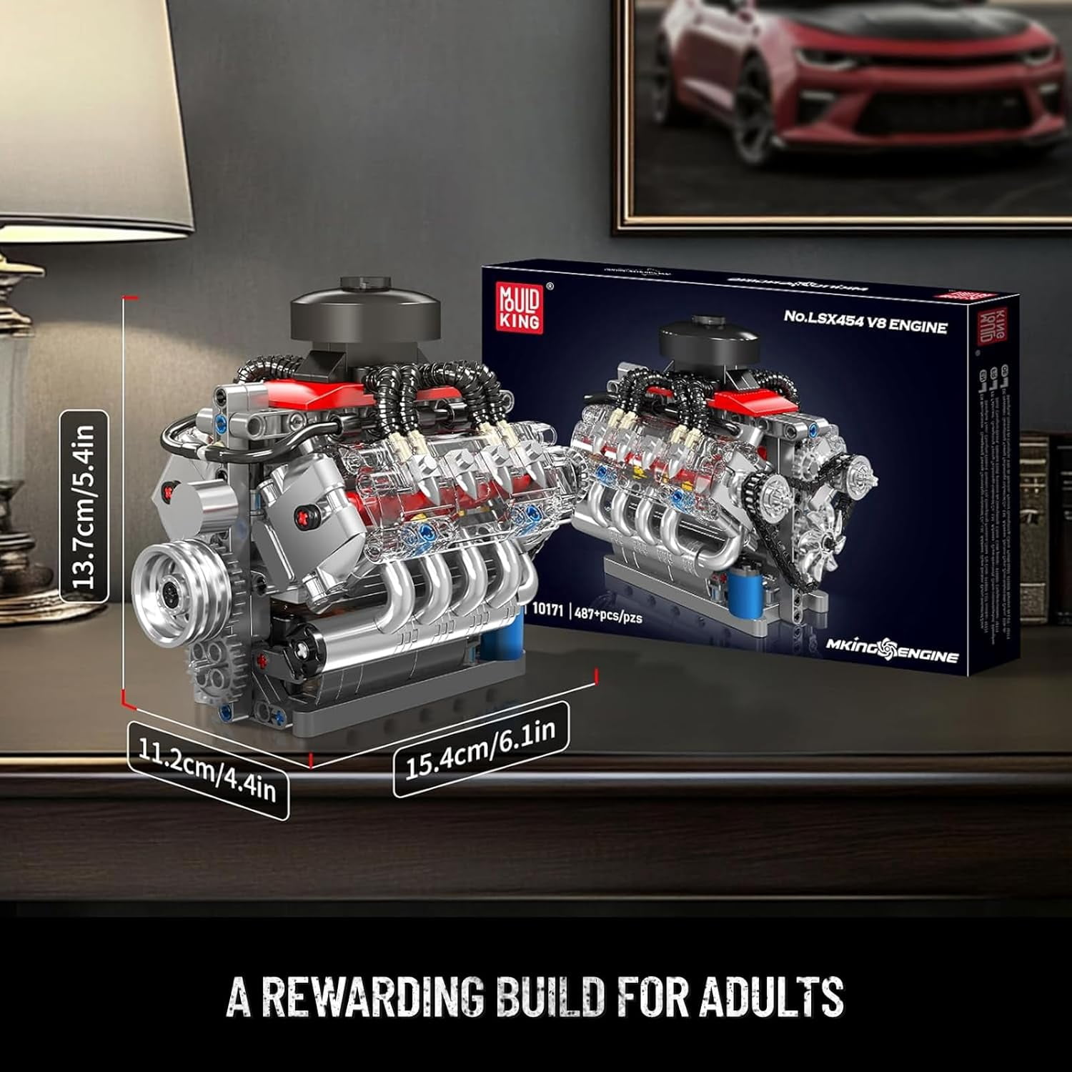 Mould King 10171 V8 Engine Building Blocks Sets, V8 Engine Model kit That Run, Build Your Own STEM Model Engine, 8-Cylinder Car Engine Building Engineering Toys  Collections(487+PCS)