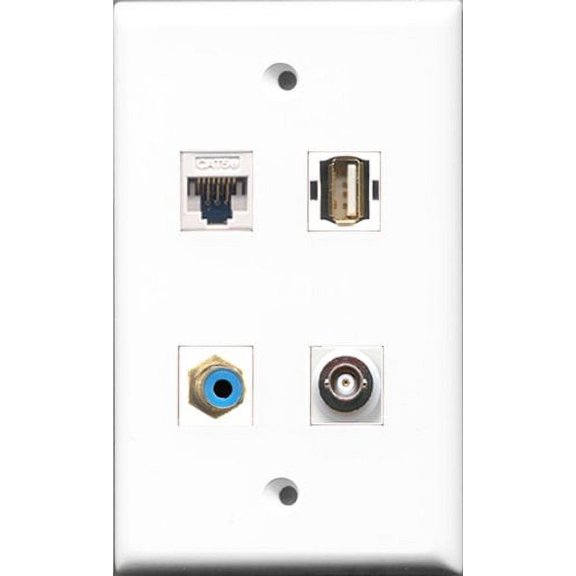 RiteAV 1 Port RCA Blue and 1 Port USB A-A and 1 Port BNC and 1 Port Cat5e Ethernet White Wall Plate
