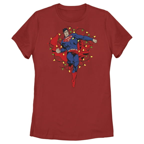 Women's Superman Christmas Lights  Graphic Tee Red Large