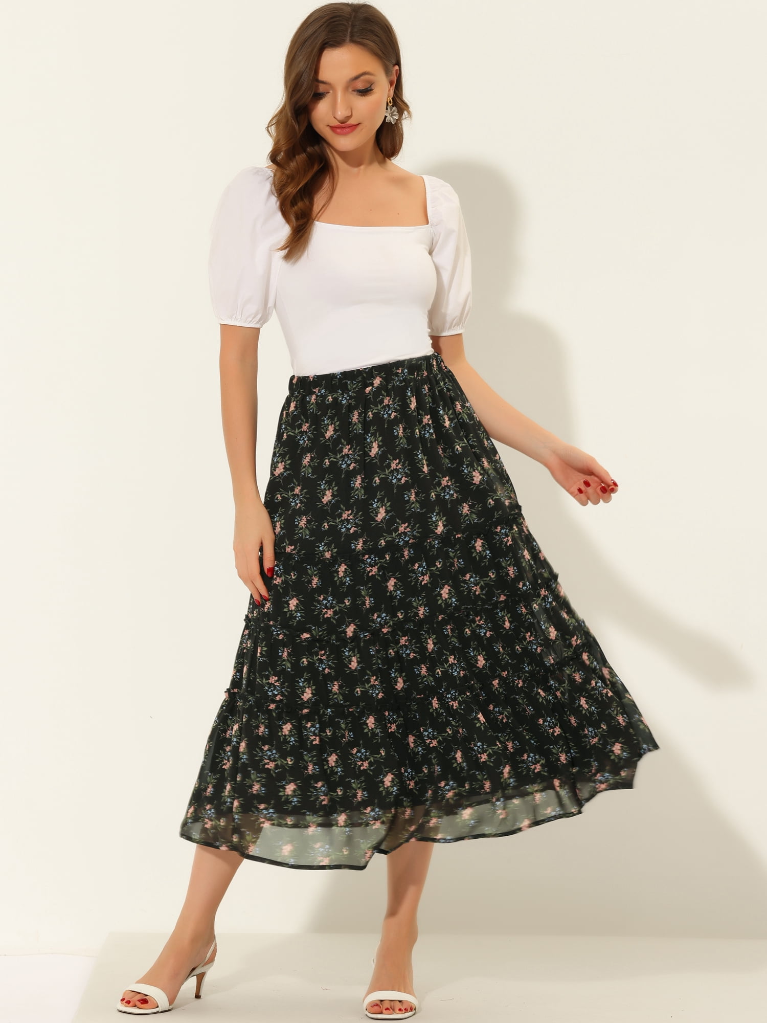 DARING DIVA Women's Chiffon Tiered A-Line Maxi Skirt XL Black A