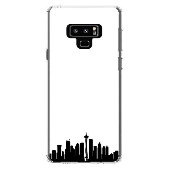 DistinctInk Clear Shockproof Hybrid Case for Samsung Galaxy Note 9 - TPU Bumper, Acrylic Back, Tempered Glass Screen Protector - Seattle Skyline Silhouette - Seattle
