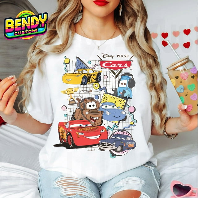 Retro 90S Pixar Les Bagnoles T-shirt de Groupe, Lightning Mcqueen & Tow Mater, Radiate - comme sur l'Image - S