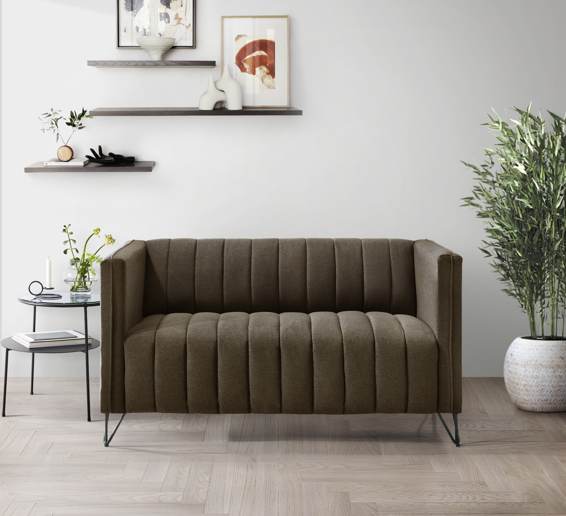 Home Design Kurtis Square Arm Loveseat with Tufted Velvet Upholstery and Gold Metal Legs, Flared Arms, Modern Living Room Seating, Brown