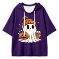 thumbnail image 4 of Womens Hoodies Halloween Casual Ghost Print 3/4 Sleeve Festive Party Pullover Sweatshirt Tops Fall Winter Warm Outfit Purple S, 4 of 5
