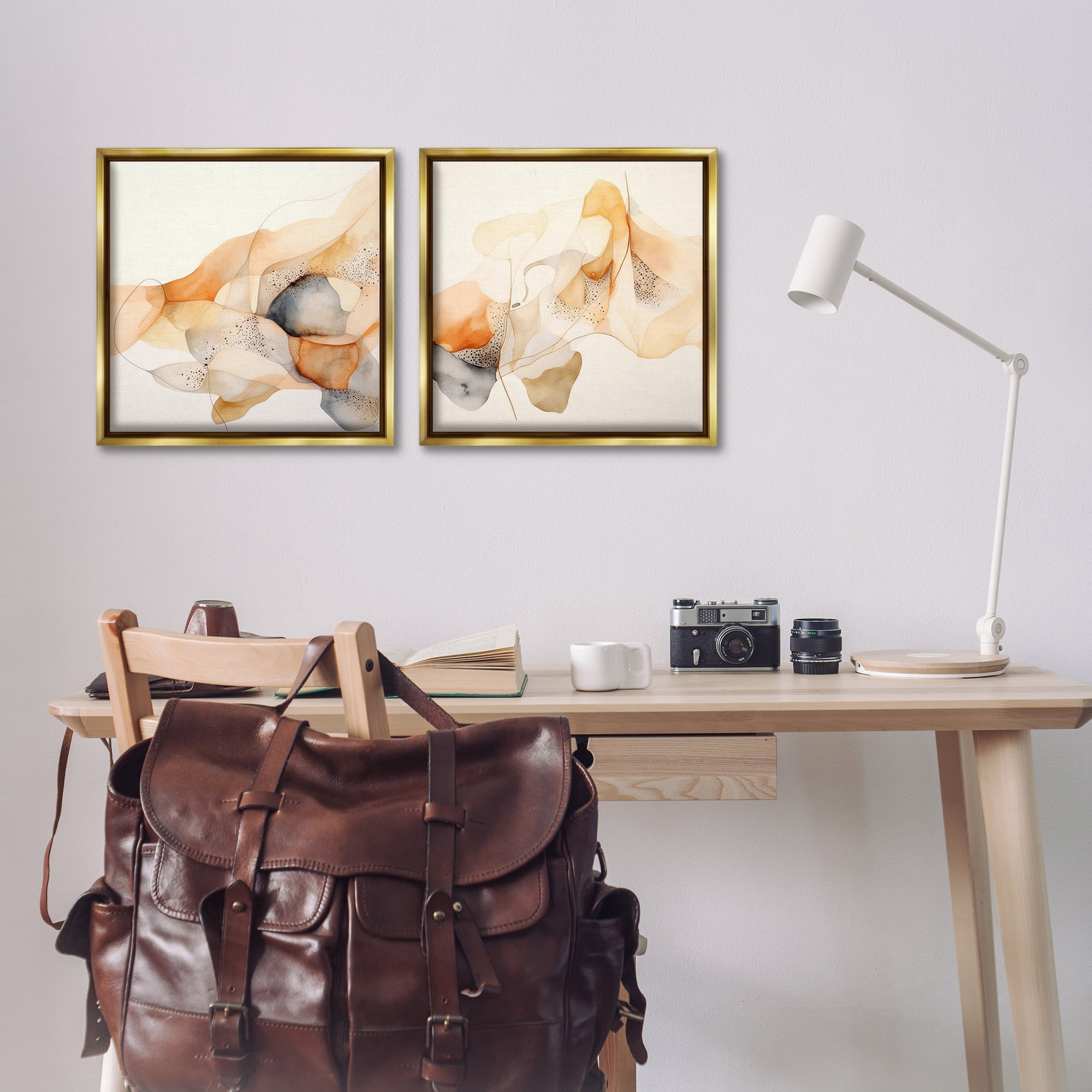 Stupell Industries Abstract Peach Watercolor Shapes Abstract Painting Gold Floater Framed Canvas Art Print Wall Art, 18 x 18, Set of 2