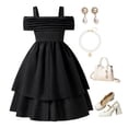 thumbnail image 4 of Taybagh Girls Summer Dress High Waist Wedding Guest Dress with Off-The-Shoulder Strap and Double Layer Black 8-9 Years, 4 of 8