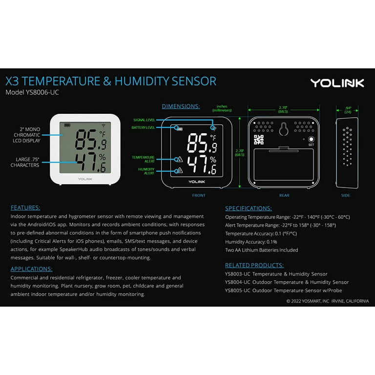 YoLink X3 Temperature & Humidity Sensor, Supports App Real-time Data Refresh, Alexa, Ifttt, Home Assistant Integration - YoLink Hub Required