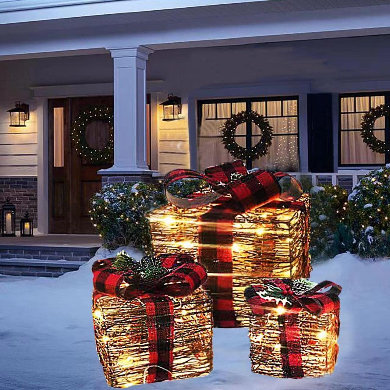 Christmas Lighted Rattan Gift Boxes Decorations, Prelit 60 LED Light