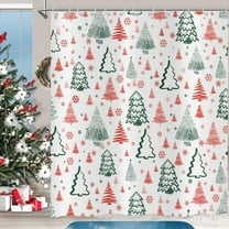 Christmas Shower Curtain, Pink Green Xmas Tree Pattern Snowflake Gifts Holiday Cute Cartoon Winter Bath Curtain Waterproof Fabric with Hooks for Home Decor, 72Wx72H