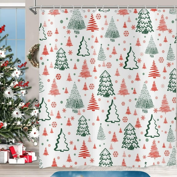 Christmas Shower Curtain, Pink Green Xmas Tree Pattern Snowflake Gifts Holiday Cute Cartoon Winter Bath Curtain Waterproof Fabric with Hooks for Home Decor, 72Wx72H