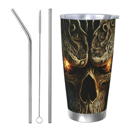 

KLL Metal Evil Skull Print 40oz Stainless Steel Insulated Car Cup with Spillproof Lid - Keep Your Drink Hot or Cold on the Go-Straw Three-piece Set