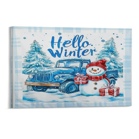 Merry Christmas Tree and Snowman Light Blue Canvas Prints Wall Art，Winter Scene Decor Wooden Framed for Living Room Bedroom Office 12×8 inch