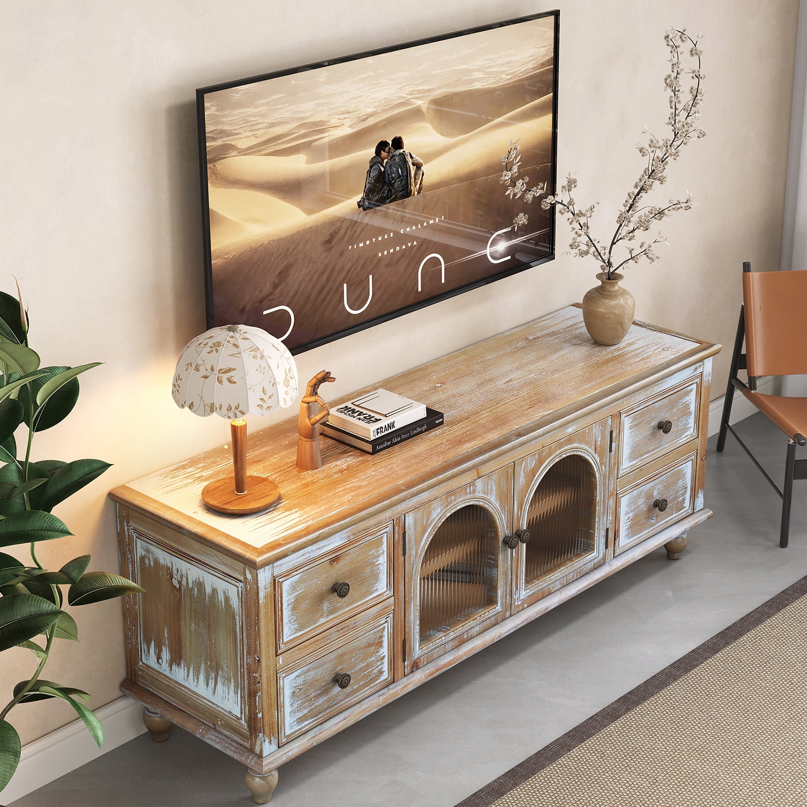 60" Farmhouse TV Stand with 4 Drawers & 2 Glass Doors, Rustic Wood Media Console, Distressed Entertainment Center for TV, Natural Antique White