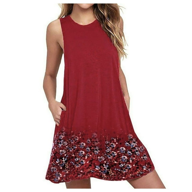 Vente de Liquidation Robes d'Été pour Femmes Quotidiennes Mode Féminine Col Rond Imprimé Poche Sans Manches Robe Décontractée de Nuit Robe de Vacances Sans Manches Imprimé Mode Décontractée Robe Ligne A avec Poche