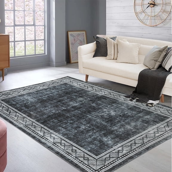 Tzou Dark Grey 4x6 Elegant Geometric Border Area Rugs, Super Soft Washable Carpet for Living Room Bedroom, Low Pile