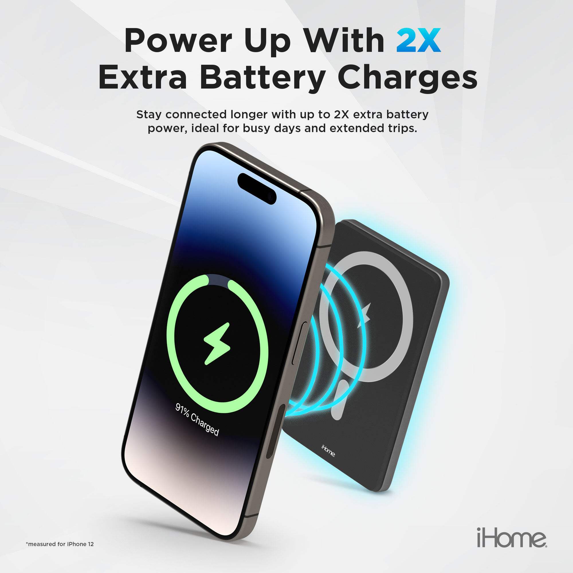 iHome 5000mAh Magnetic Portable Power Bank, Wireless Charging, USB-C Input/Output, MagSafe Compatible for iPhone 12 & Newer