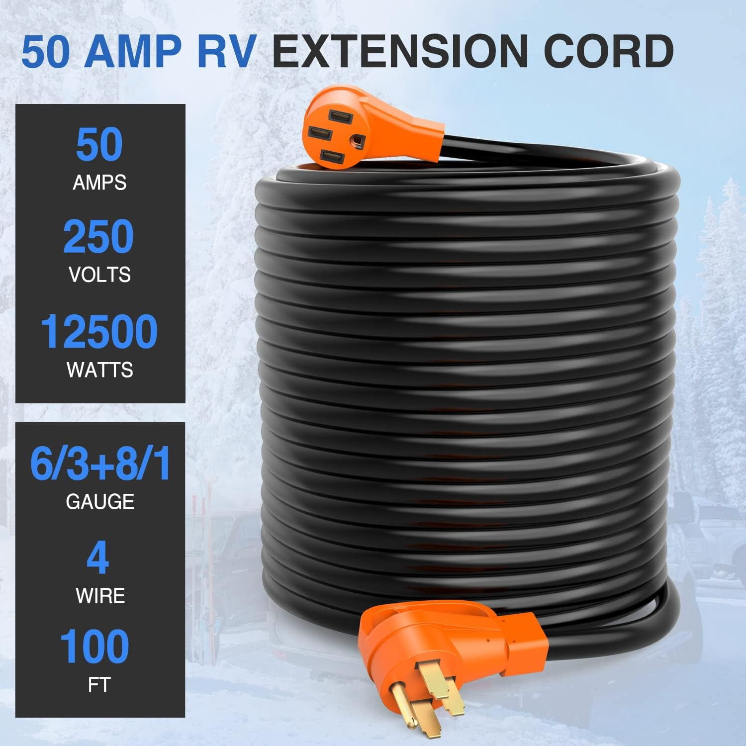 Nilight 50 Amp100FT RV/EV Extension Cord 250V Heavy Duty 6/3+8/1 Gauge Pure Copper STW Wire UL ETL Listed 4 Prong 14-50P 14-50R 50F/50M Cable Suit for EV Charging RV Trailer Campers