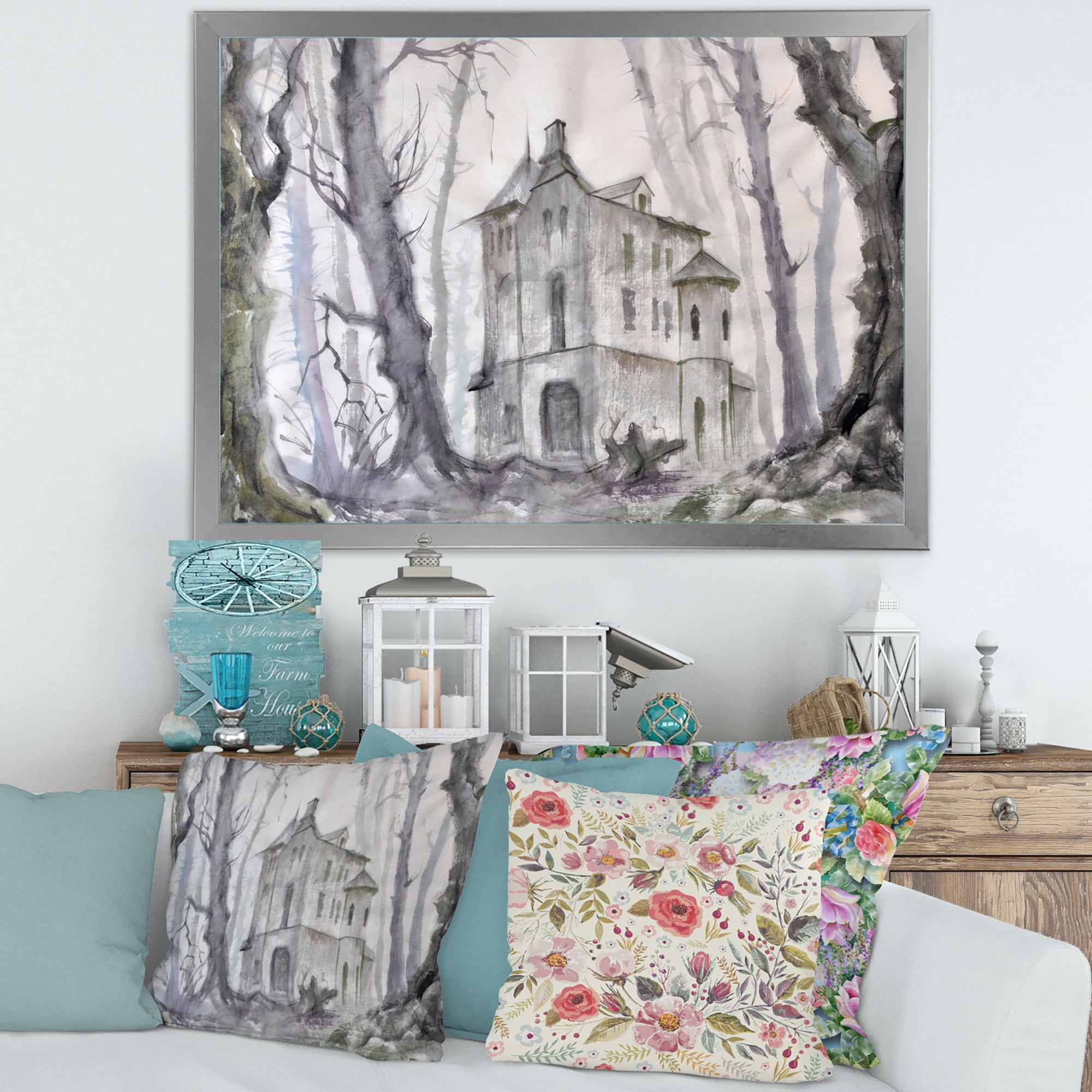 Designart 'Old Haunted Castle In The Woods' Traditional Framed Art Print