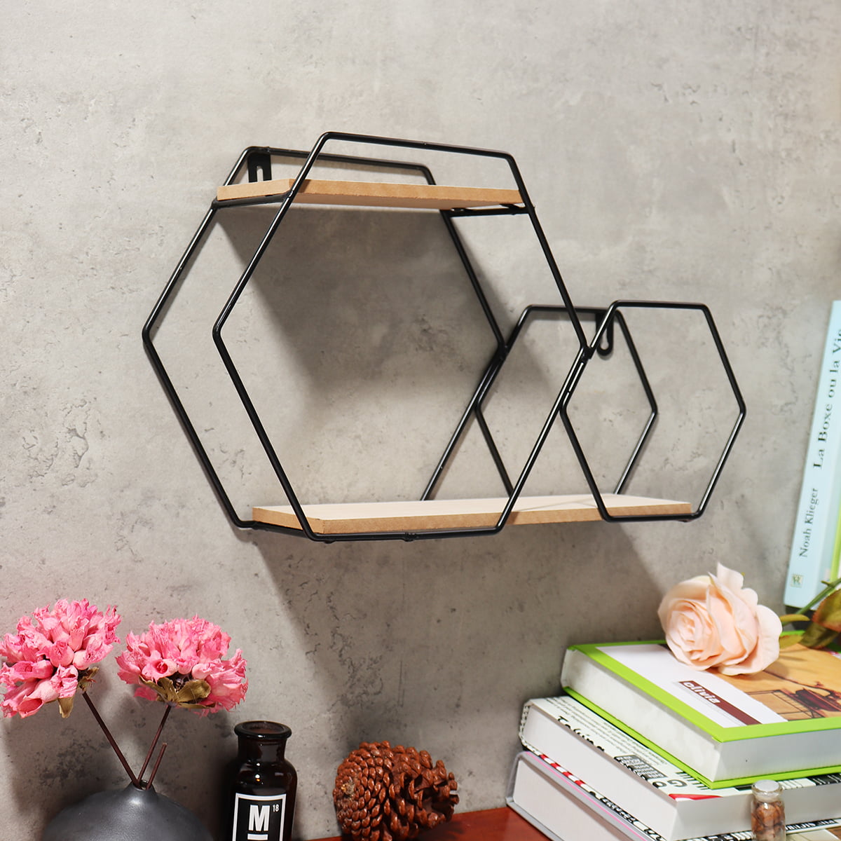 Details about   Hexagon Metal Wire Wood Wall Shelf Modern Loft Dorm Double-Layer Storage Shelf 