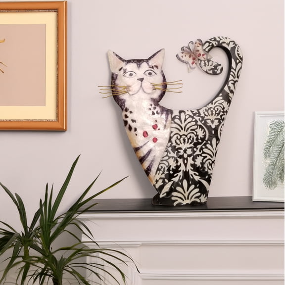 Eangee Home Design Cat Wall Decor White And Black, Capiz and Metal, Indoor / Outdoor Safe, 11x1x14 Inches