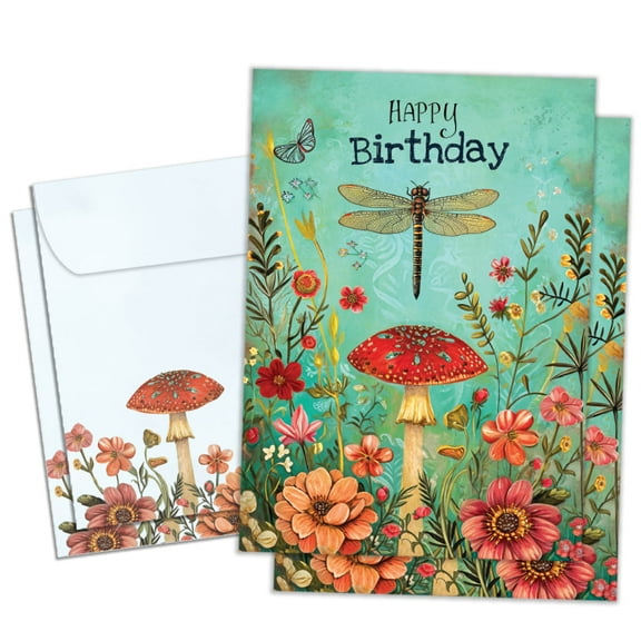 Tree-Free Greetings Birthday Greeting Card 2 Pack, 5 x 7, Dragonfly Toadstool (GT69930)