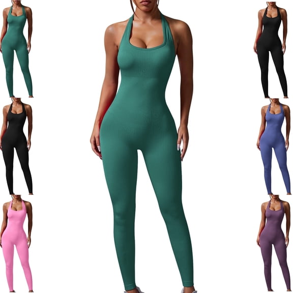 Gamivast Workout Jumpsuit for Women Halter Neck Ribbed Tummy Control Sleeveless one Piece Stretchy Butt Lifting Gym Workout Active Wear Outdoor Pants