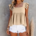 thumbnail image 4 of Gaukiv Womens Blouses Square Neck Ruffle Sleeve Gathered Hem Summer Tunic Tops Beige S, 4 of 4