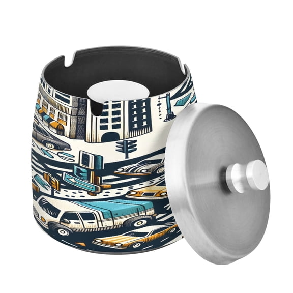 ALAZA Cigar Ashtray with Lid Hand Drawn Cars Ash Tray for Cigarettes Smokeless Ashtrays