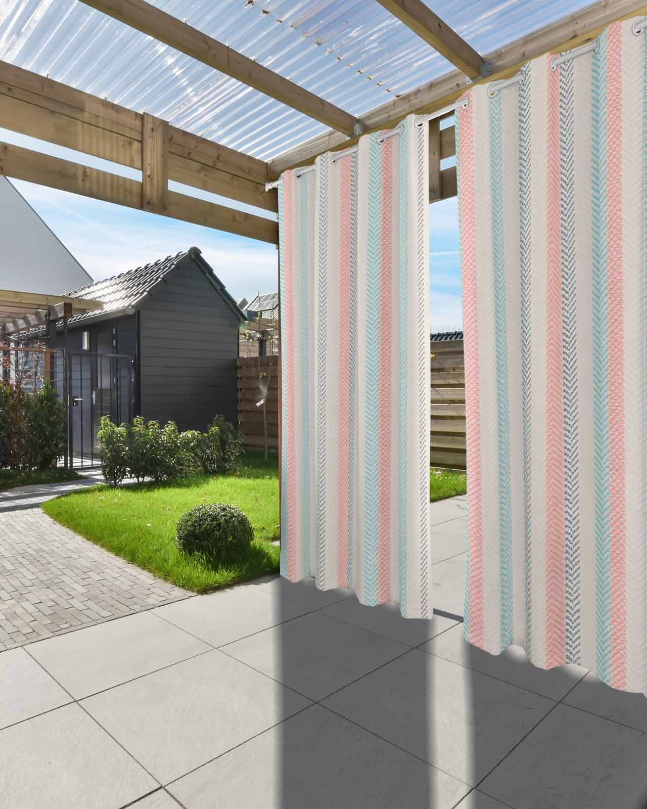 Pink Blue Gray Outdoor Curtains for Patio, Beige Vintage Simple Abstract Stripes Privacy Drapes Grommet Waterproof Outside Curtains for Porch/Cabana/Balcony 54"x 108", 1 Panel