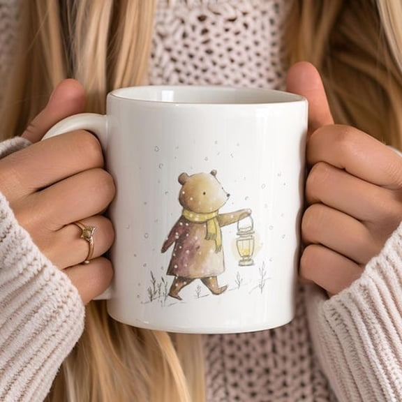 Cute Snowy Winter Bear C1Arrying Lantern Ceramic Mug, WhimsiC1Al Woodland Sketch Cup, Bear Lover Gift, CH1Ristmas Winter Wondeand Gift Mug
