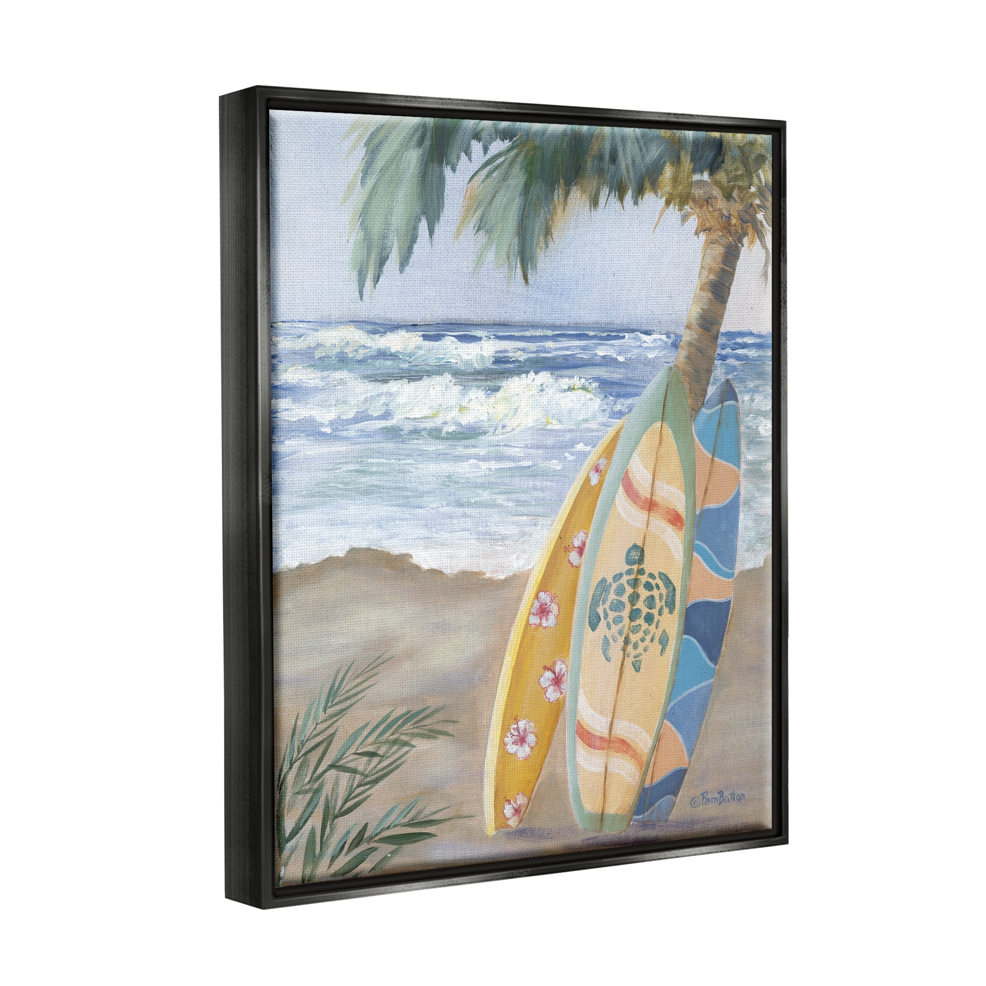 Stupell Fun Summer Surfboards Leaning Palm Tree Landscape Painting Black Floater Framed Art Print Wall Art