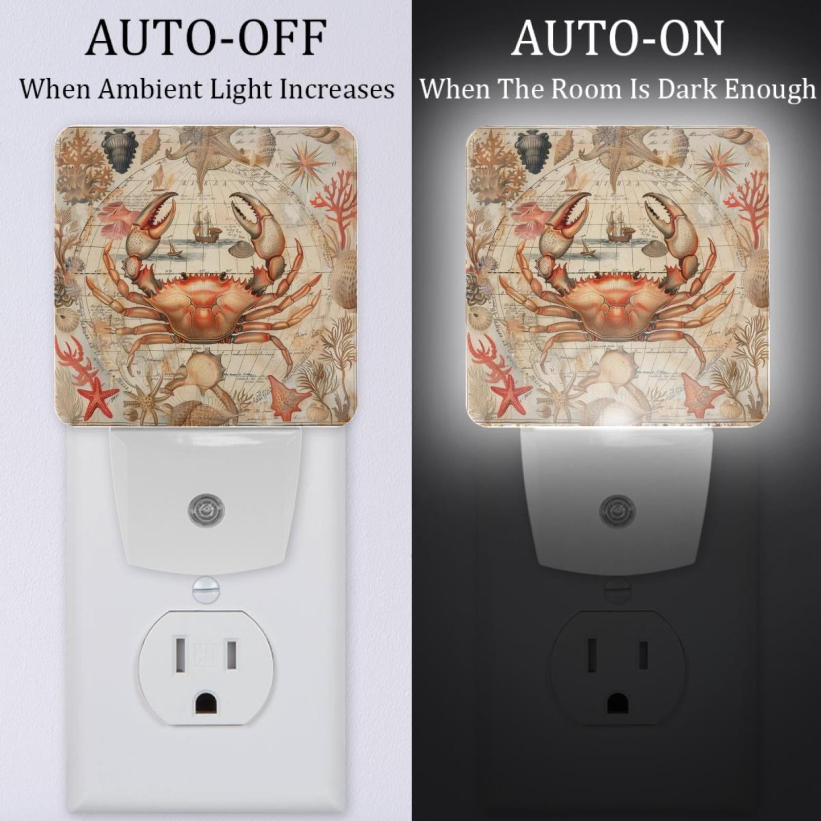 PhooArto Vintage Map Crab Plug in LED Night Light Auto Sensor Dusk to Dawn Decorative Night for Bedroom, Bathroom, Kitchen, Hallway, Stairs, Baby's Room, Energy Saving