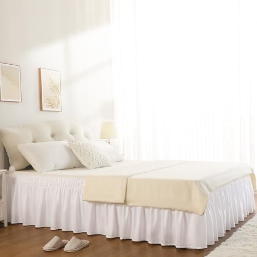 Queen Size 18-Inch Drop White Bed Skirt, Elastic Wrap-Around Dust Ruffle for Bed Frame, Lightweight Adjustable Bed Skirting Easy to Install