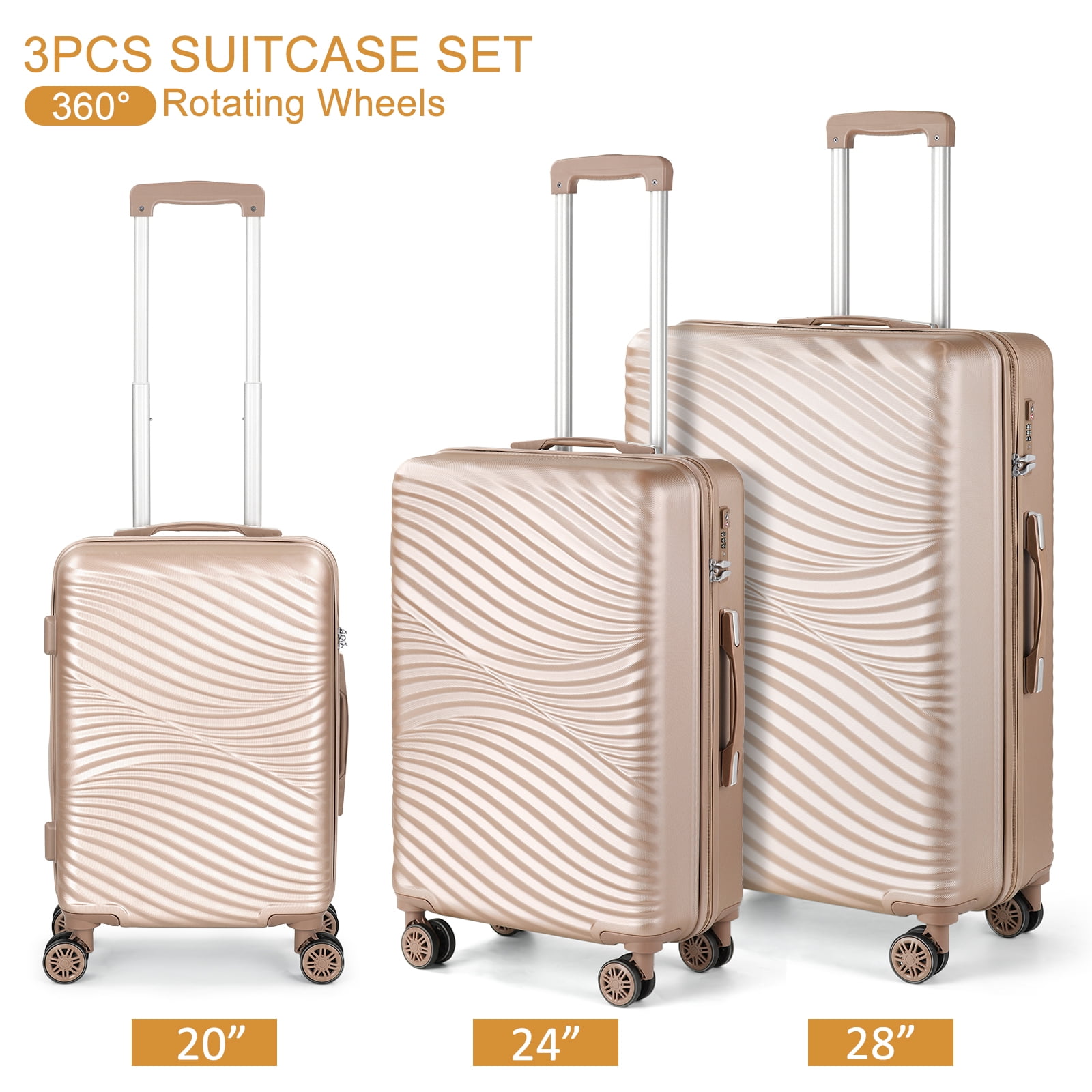 Hikolayae 3 Piece Wave Collection Spinner Luggage Set, Gold Dust