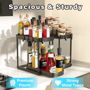 2-Tier Pull-Out Organizer, Multi-Purpose Kitchen Spice Rack & Bathroom Countertop Storage Shelf with Hooks, Space-Saving Under Sink Organizer for Toiletries, Cleaning Supplies, Black