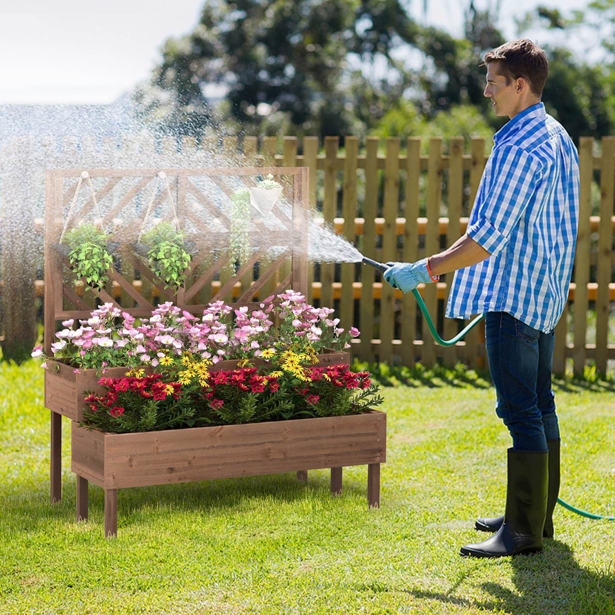 Costway 2-Tier Raised Garden Bed with Trellis Wooden Elevated Planter Box for Vegetables