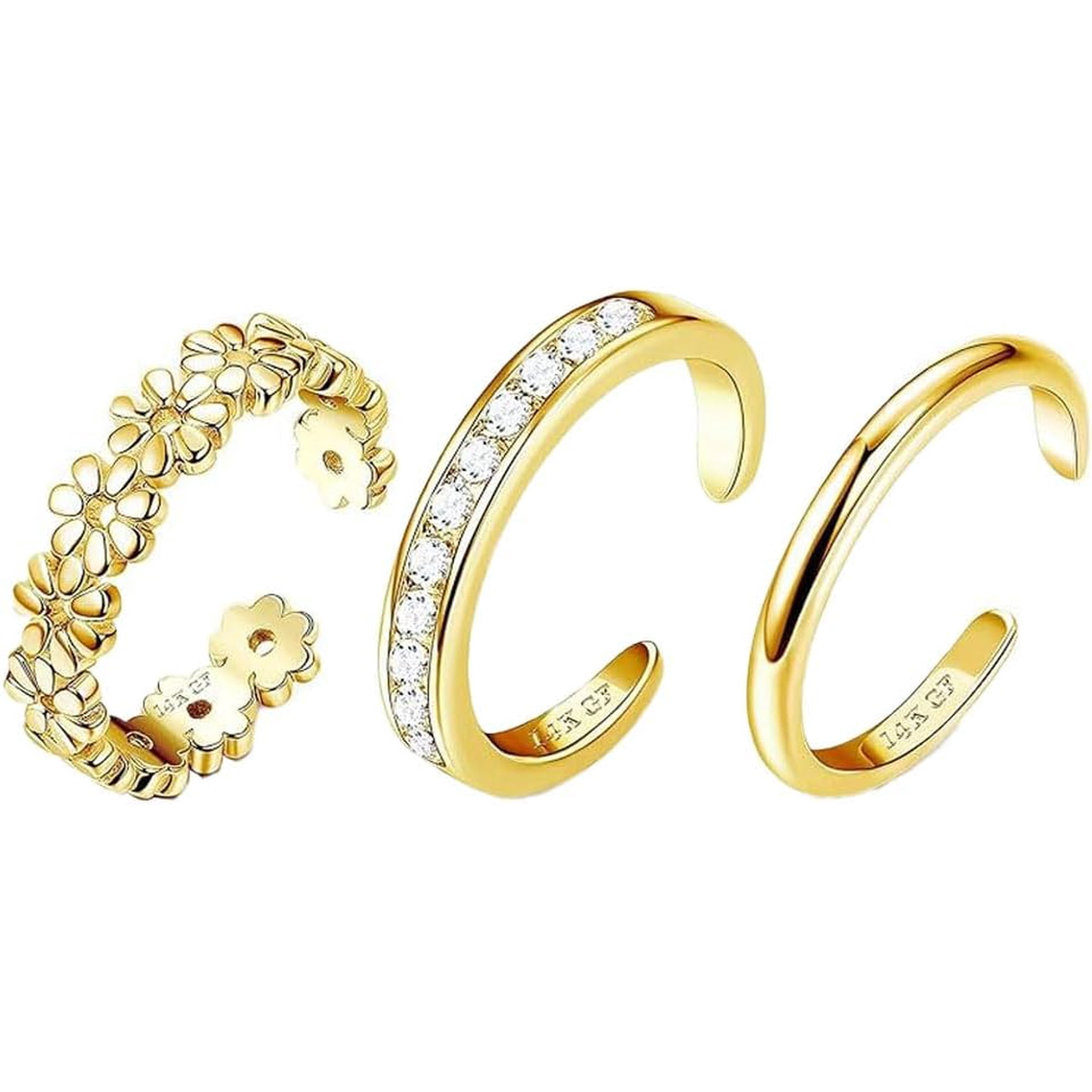 DESIGNICE Gold Filled Toe Rings for Women Non Tarnish 3Pcs, 14K Gold Filled Toe Ring Adjustable Flower Cz Dainty Toe Ring Summer Beach Boho Foot Jewelry for Vacation, Pool, Yoga