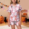 thumbnail image 2 of KPOPLK Halloween Pajamas Girl Fall Pumpkin Print Satin Button Up Sleepwears 2 Piece Top and Shorts Pjs Sets for 2-13 Years,Size 2-3 Years, 2 of 5